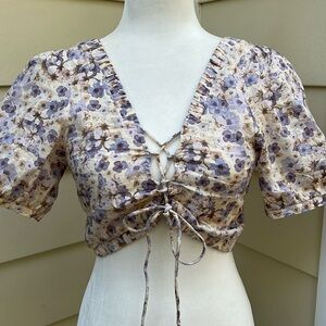 Floral Linen Blend Cropped Blouse Cottagecore Tie Front Puff Sleeve Top